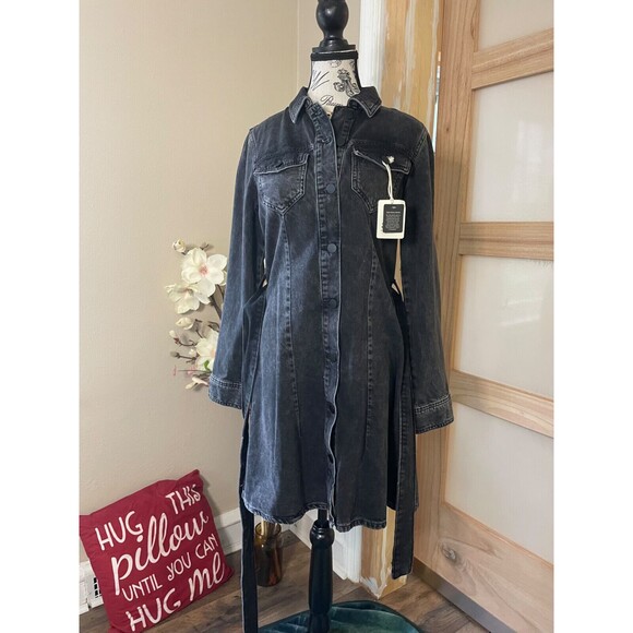 a.n.a Women's Denim Dress Black Long Sleeves Size XS Button Front Belted Casual - Picture 2 of 12